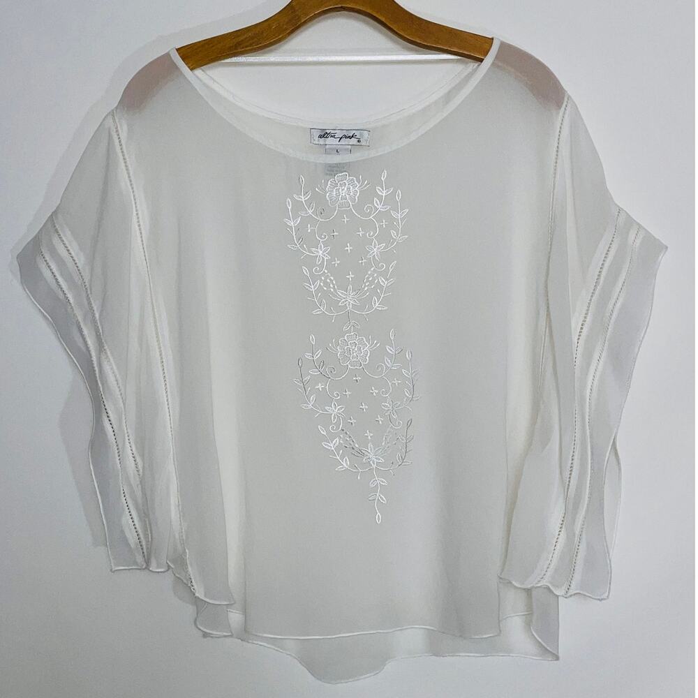 Ultra Pink Semi Sheer Blouse - Women's Size L‎ - Embroidered Floral Design